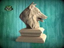Load image into Gallery viewer, Sheltie bust made of wood, Unpainted, Sheltie Wooden Finial for Staircase Newel Post, Sheltie finial bed post