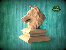 Load image into Gallery viewer, Sheltie bust made of wood, Unpainted, Sheltie Wooden Finial for Staircase Newel Post, Sheltie finial bed post