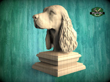 Load image into Gallery viewer, English Cocker Spaniel wooden statue, English Cocker Spaniel finial bed post, Cocker Spaniel statue of wood, Wooden dog statue cap