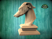 Load image into Gallery viewer, Greyhound wooden statue, Greyhound finial bed post, Greyhound statue of wood, Wooden dog statue cap
