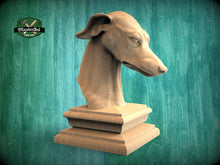 Load image into Gallery viewer, Greyhound wooden statue, Greyhound finial bed post, Greyhound statue of wood, Wooden dog statue cap