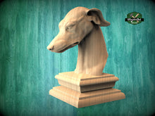 Load image into Gallery viewer, Greyhound wooden statue, Greyhound finial bed post, Greyhound statue of wood, Wooden dog statue cap