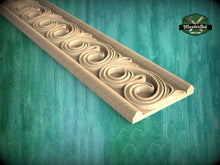 Load image into Gallery viewer, Artistic Carved Wood Moulding with Unique Swirl Motifs, 40" Decorative wooden moulding for cornices and friezes, 1 pc, Unpainted, Baguette