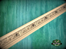 Load image into Gallery viewer, Carved Wooden Molding with Mask and Oak Leaf Pattern – Classic Interior Element, 40" Elegant Wood Detail, 1 pc, Unpainted, Carved Moulding