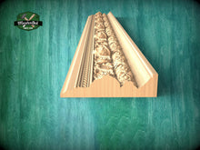 Load image into Gallery viewer, Carved Wooden Molding with Mask and Oak Leaf Pattern – Classic Interior Element, 40" Elegant Wood Detail, 1 pc, Unpainted, Carved Moulding