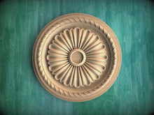 Load and play video in Gallery viewer, Classic Wooden Ceiling Rosette, Sunburst Carved Design, Elegant Home Feature, 1 pc, Unpainted, Decorative Rosettes