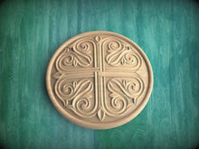 Load and play video in Gallery viewer, Cross My Heart: Ornate Fleur-de-Lis Wooden Rosette, 1 pc, Unpainted, Decorative Rosettes, Home Wall Embellishments, Round Wooden Onlays