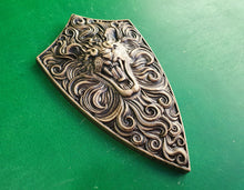 Load image into Gallery viewer, Lion on Shield, carved lion shield, viking shield, wooden carving, wall hangign, wall panno