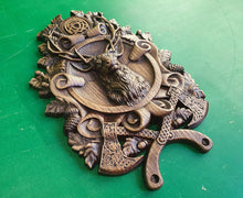 Load image into Gallery viewer, Celtic Deer, Celtic wood carving, Viking carving, Celtic Lord Of Woods, Wall art, Wall decor, Wall hanging