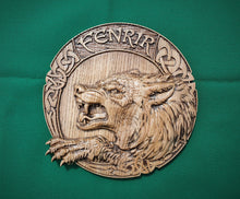 Load image into Gallery viewer, Viking Wolf FENRIR, Odin's Wolf Fenrir on Viking Shield Wall Hanging Sculpture Viking Decor Scandinavian