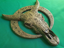 Load image into Gallery viewer, Carved Cow Skull of wood,  Celtic Cow Skull, Celtic wood carving, Viking carving, wall art, wall hanging