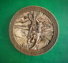 Load image into Gallery viewer, PERUN God round panno, wooden carved picture crafted carving wooden Witch craft God statue Altar Perun statue, Wall art, Wall decor