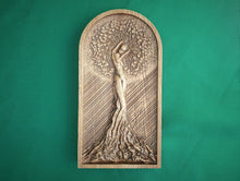 Load image into Gallery viewer, The Girl in the Tree, wooden carving, wall hangign, wall panno, gift for her