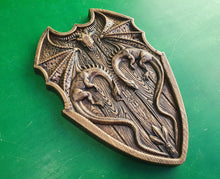 Load image into Gallery viewer, Dragons on Shield, two dragons, wooden carving, wall hangign, wall panno, wall art, wall decor