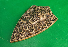 Load image into Gallery viewer, Lion on Shield, carved lion shield, viking shield, wooden carving, wall hangign, wall panno