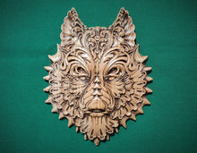 Load image into Gallery viewer, Carved Wolf, Celtic wood carving, Viking carving, Celtic art, Wall art, Wall decor, Wall hanging