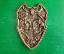 Load image into Gallery viewer, Dragons on Shield, two dragons, wooden carving, wall hangign, wall panno, wall art, wall decor
