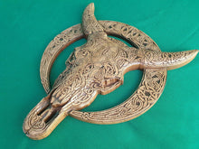 Load image into Gallery viewer, Carved Cow Skull of wood,  Celtic Cow Skull, Celtic wood carving, Viking carving, wall art, wall hanging