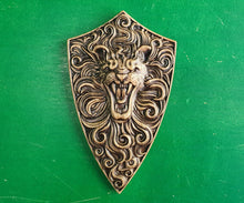 Load image into Gallery viewer, Lion on Shield, carved lion shield, viking shield, wooden carving, wall hangign, wall panno
