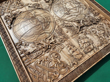 Load image into Gallery viewer, Antique map of the world made of wood, wood map wall art, carved map of wood, wall decor carving
