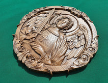 Load image into Gallery viewer, Saint Archangel Michael wood carving decor, wall hanging religious panno, religious gift, christian gift