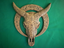 Load image into Gallery viewer, Carved Cow Skull of wood,  Celtic Cow Skull, Celtic wood carving, Viking carving, wall art, wall hanging