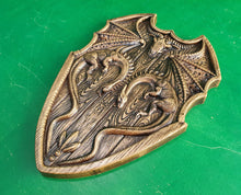 Load image into Gallery viewer, Dragons on Shield, two dragons, wooden carving, wall hangign, wall panno, wall art, wall decor