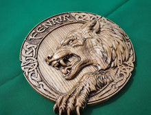 Load image into Gallery viewer, Viking Wolf FENRIR, Odin's Wolf Fenrir on Viking Shield Wall Hanging Sculpture Viking Decor Scandinavian
