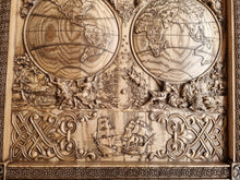 Load image into Gallery viewer, Antique map of the world made of wood, wood map wall art, carved map of wood, wall decor carving
