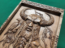 Load image into Gallery viewer, God ODIN with helmet , Scandinavian God,  Celtic wood carving, Viking carving, wooden carving