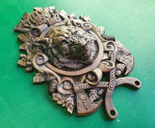 Load image into Gallery viewer, Viking Wolf FENRIR, Odin's Wolf Fenrir on Viking Shield Wall Hanging Sculpture Viking Decor Scandinavian