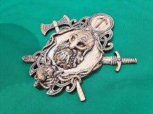 Load image into Gallery viewer, Thor figurine with hummer, sword and wolf , Pagan altar, Norse mythology, Celtic wood carving, Viking decor Wood sculpture
