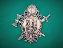 Load image into Gallery viewer, Thor figurine with hummer, sword and wolf , Pagan altar, Norse mythology, Celtic wood carving, Viking decor Wood sculpture