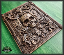 Load image into Gallery viewer, Skull carved panel made of wood, wood wall art, carved skull of wood, wall decor carving, Santa Muerte, Dark Art