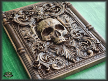 Load image into Gallery viewer, Skull carved panel made of wood, wood wall art, carved skull of wood, wall decor carving, Santa Muerte, Dark Art