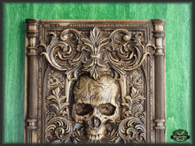 Load image into Gallery viewer, Skull carved panel made of wood, wood wall art, carved skull of wood, wall decor carving, Santa Muerte, Dark Art