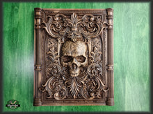 Load image into Gallery viewer, Skull carved panel made of wood, wood wall art, carved skull of wood, wall decor carving, Santa Muerte, Dark Art