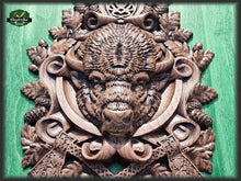 Load image into Gallery viewer, Carved Bison of wood, Celtic wood carving, Viking carving, Wall art, Wall decor, Wall hanging