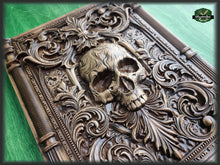 Load image into Gallery viewer, Skull carved panel made of wood, wood wall art, carved skull of wood, wall decor carving, Santa Muerte, Dark Art