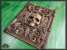 Load image into Gallery viewer, Skull carved panel made of wood, wood wall art, carved skull of wood, wall decor carving, Santa Muerte, Dark Art
