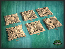 Load image into Gallery viewer, Ornate Carved Wood Rosette, 1 piece, Home Wall Embellishments, square wood onlays, wood wall art decor