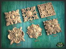 Load image into Gallery viewer, Square Carved Rosette of Wood, 1 piece, Home Wall Embellishments, square wood onlays, wood wall art decor