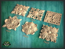 Load image into Gallery viewer, Square Carved Rosette of Wood, 1 piece, Home Wall Embellishments, square wood onlays, wood wall art decor