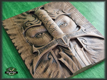 Load image into Gallery viewer, Warrior and sword carved panel made of wood, wood wall art, wall decor carving