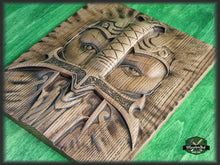 Load image into Gallery viewer, Warrior and sword carved panel made of wood, wood wall art, wall decor carving