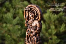 Load image into Gallery viewer, Thor statue, Ragnarok, Mjollnir, norse gods, wood carving altar heathen asatru viking god and goddes sculpture wooden scandinavian pantheon