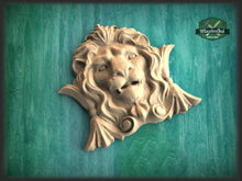 Load image into Gallery viewer, Wooden Lion Head, Carved lion head, Unpainted, 1pc, Applique furniture decor DIY Furniture Trim Supplies wall ornaments pediments