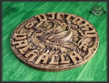 Load image into Gallery viewer, Victory or Valhalla carved panel of wood, Vikings Drakkar, Viking Wall art, Viking shield Wall decor,