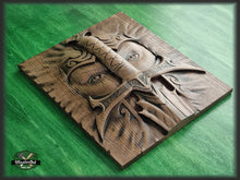 Load image into Gallery viewer, Warrior and sword carved panel made of wood, wood wall art, wall decor carving