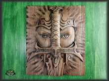 Load image into Gallery viewer, Warrior and sword carved panel made of wood, wood wall art, wall decor carving